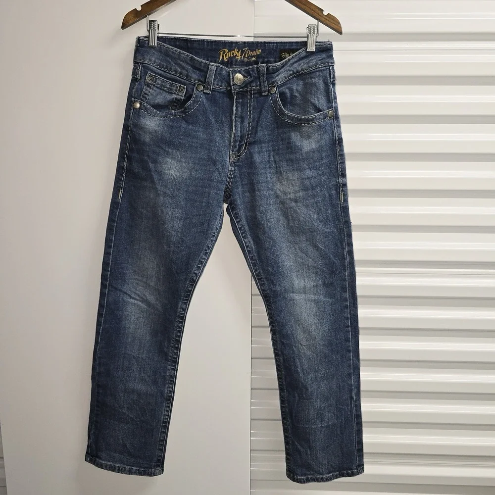 Wrangler Rock 47 Slim Straight Jeans Mens 31x28 Blue Stretch Western Cowboy
